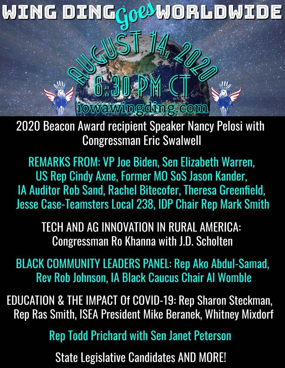 susaniniowa's tweet photo. @iowademocrats Join us at 6:30 CT for an all-star #WingDing lineup at: https://t.co/KZq3UanVgo To donate to the county party organizations who use this fundraiser to help Democrats win, click here: https://t.co/I7uEFQQY4L  #WingDing2020 #Friendship2020 https://t.co/YkN8zY5zDT