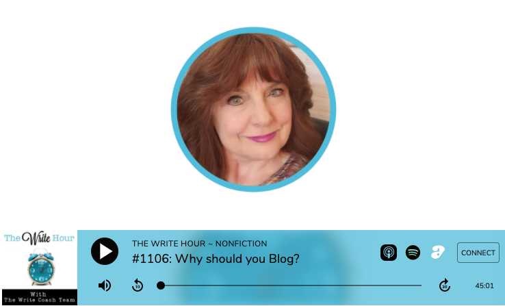 joyce_glass's tweet photo. Why should you blog?
Interview with Cherrilynn Bisbano
#1106 of The Write Hour with Joyce Glass,
Tips From #TheWriteCoachTeam
#TheWriteHour
Β
@BisbanoWrites
Listen online at https://t.co/9zXt5058A8 https://t.co/a8qbys7hHw