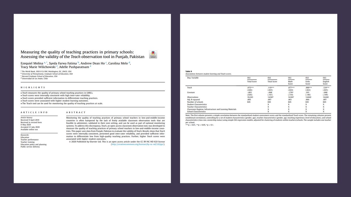 DaveEvansPhD's tweet photo. Higher teacher practice scores, measured by the open-access teacher observation tool TEACH, "were
associated with higher student outcomes" in Pakistan.

https://t.co/YfFcF3k7iY 

New publication in *Teaching and Teacher Education* by @Eze_TEACH et al. https://t.co/UTgUkY5rcG