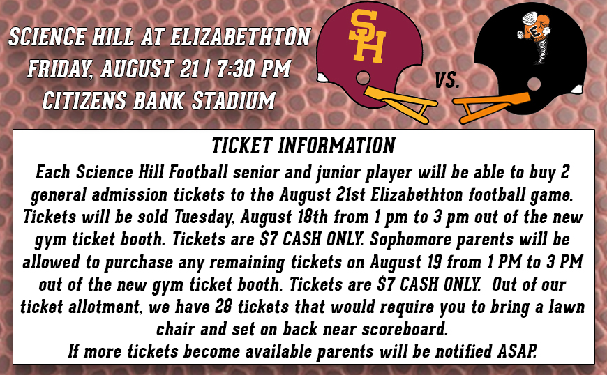 Ticket information for the Science Hill vs. Elizabethton 🏈 game on Friday, August 21.