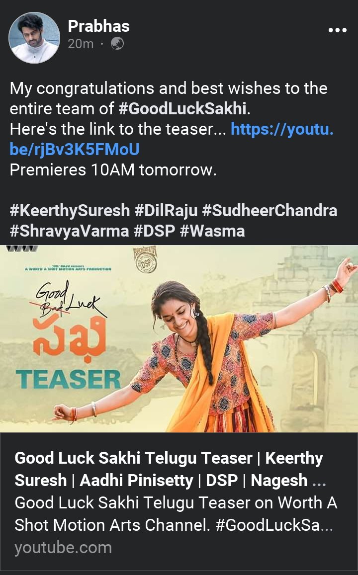 ItsShivaVivan07's tweet photo. My congratulations and best wishes to the entire team of #GoodLuckSakhi.
Here's the link to the teaser... https://t.co/9i4PD08X5J 
Premieres 10AM tomorrow.  

#KeerthySuresh #DilRaju #SudheerChandra #ShravyaVarma #DSP #Wasma https://t.co/rPh6iP3M6m