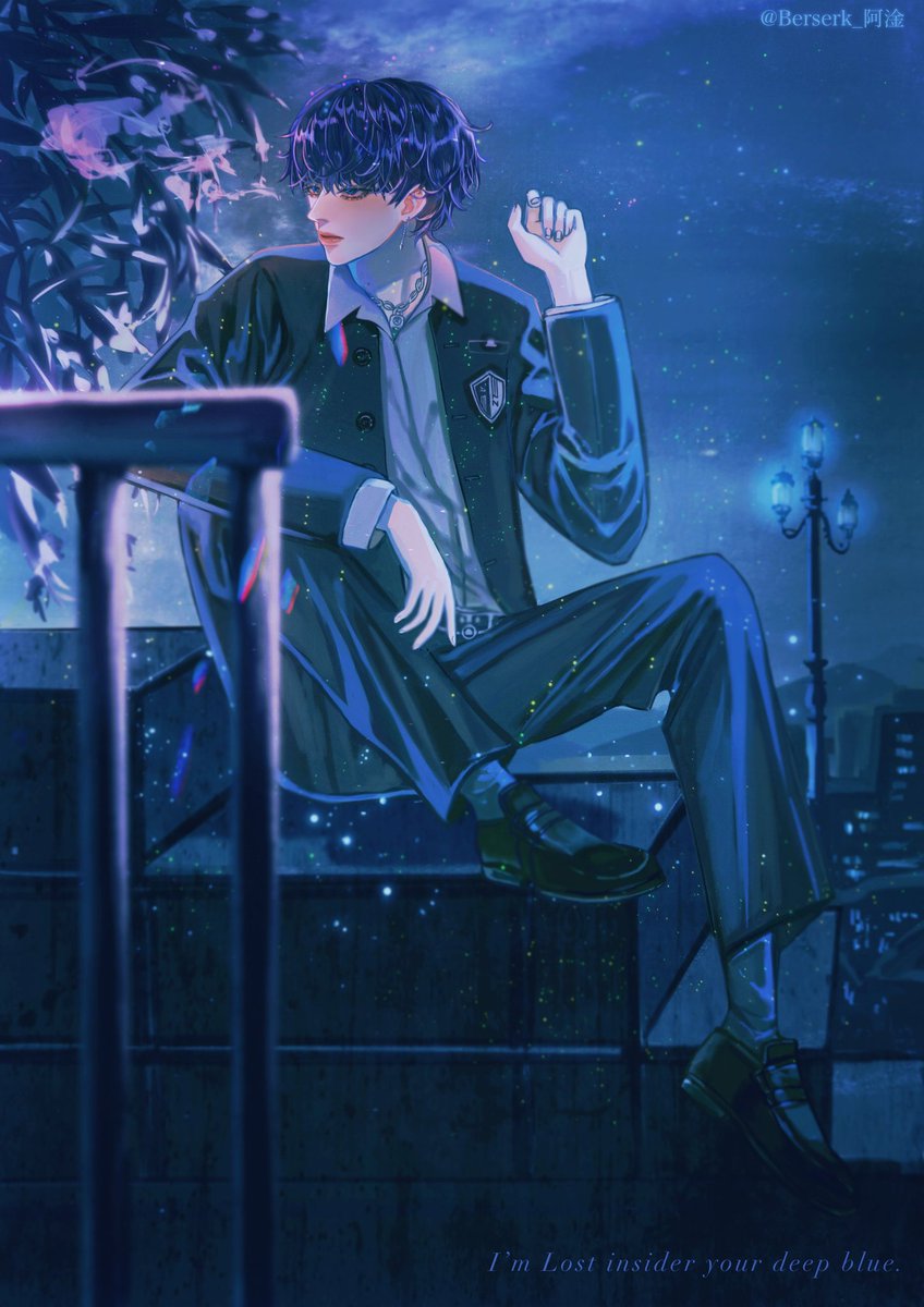 1boy solo male focus night sitting jacket pants  illustration images