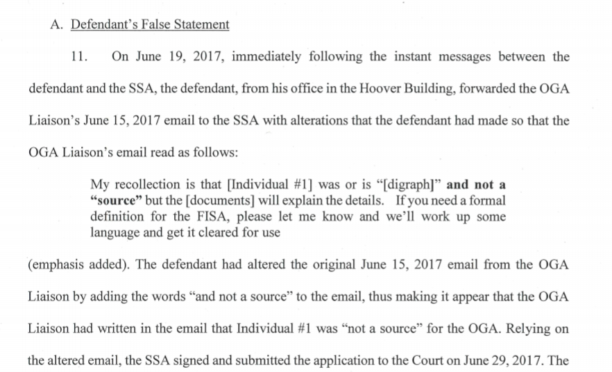 When Clinesmith said he had it in writing, the agent asked for Clinesmith to forward it to him. Each step leading Clinesmith deeper into the crime...So Clinesmith inserted fraudulent language into the CIA email when he forwarded to continue the previous lies!