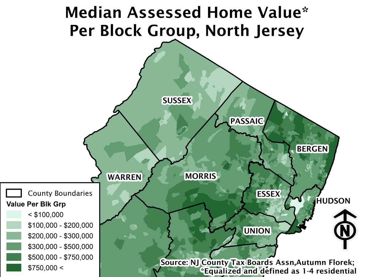 A map of median assessed home value per block group. This gives you a rough idea of the distribution of wealth derived from housing throughout North Jersey. Yes, Northern Bergen and Eastern Morris counties have some of the wealthiest locales in the state.