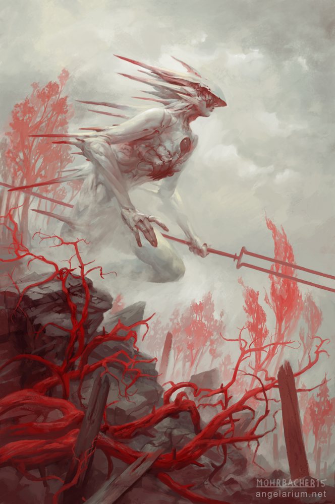 bugmeyer's tweet photo. Gadreel, Angel of War 🏹
"Upon the hill we saw
a figure wreathed in red.
With smoke around it rising
it sang to the newly dead.
 
"Do not give what cannot be taken"
It's mouth did not move.
"There is no country for us,
and no fruit within this grove" https://t.co/R8jshpJWix