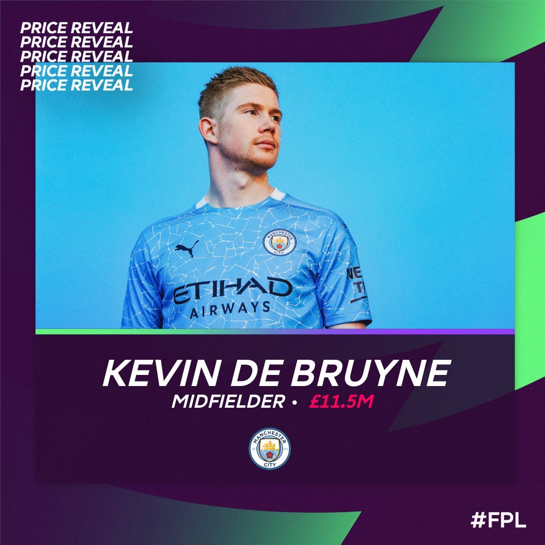 Kevin De Bruyne  MID  MCIRevealed price: £11.5mPlaying position: CAMAppearances: 35 13 goals   20 assistsPer game:   2.0 shots   3.9 KPs 33 big chances created