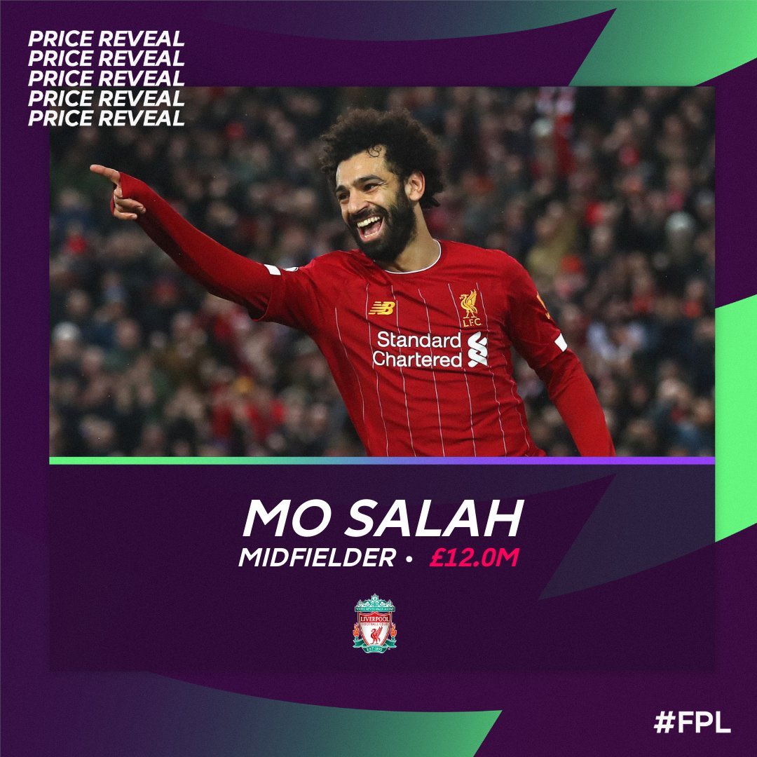 Mohamed Salah  MID  LIVRevealed price: £12.0mPlaying position: RWAppearances: 34 19 goals   10 assistsPer game:   2.8 shots   1.8 key passes 13 big chances created