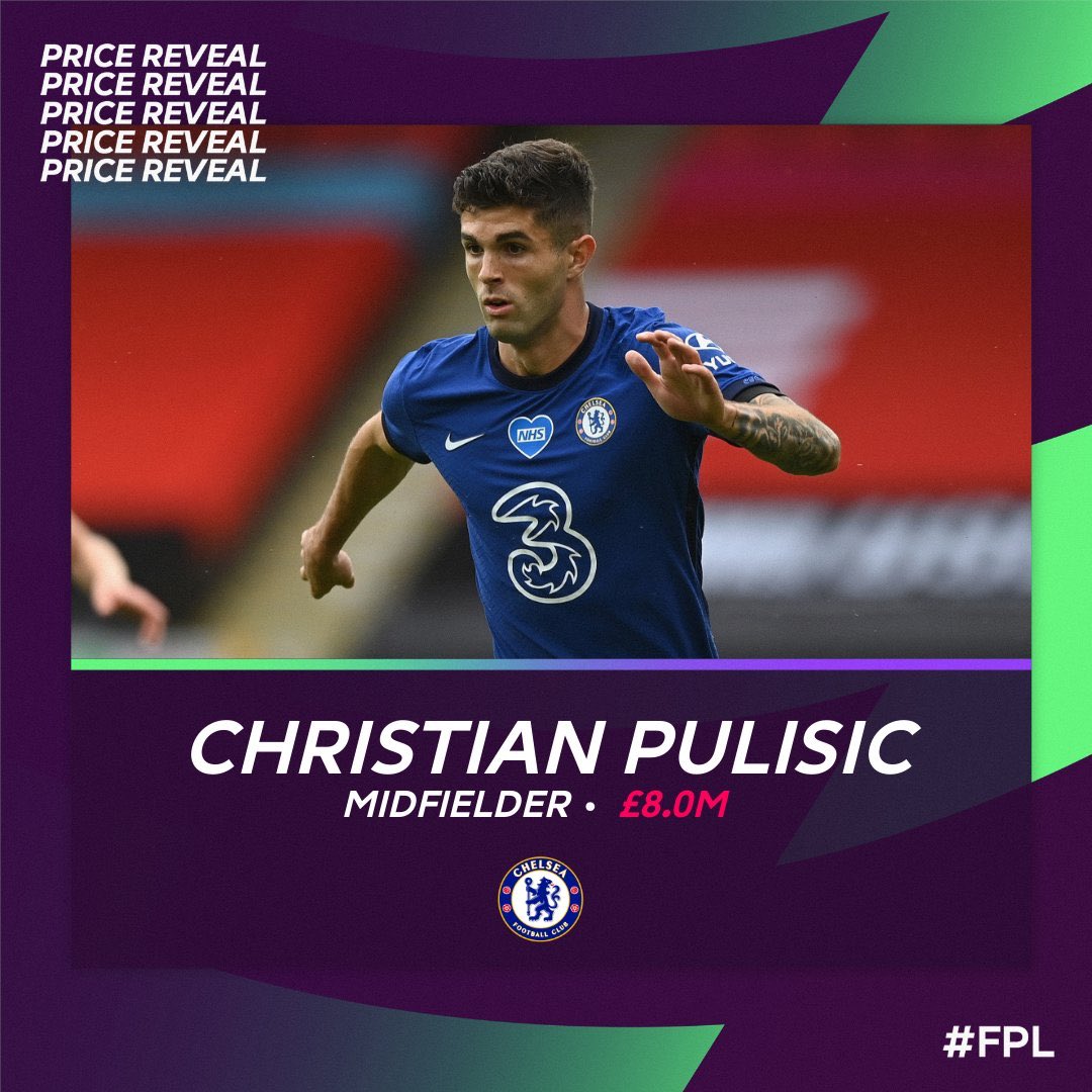 Christian Pulisic  MID  CHERevealed price: £8.0m*Playing position: LWAppearances: 25 9 goals   4 assistsPer game:   1.9 shots   1.2 KPs 6 big chances created* price reveal tweet has been deleted, possibly meaning there was a mistake - could be priced higher