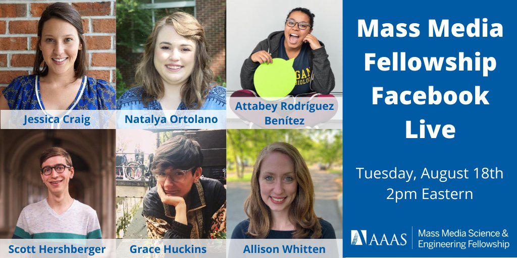 AAASMassMedia's tweet photo. In 30 minutes, tune in live to hear from 6 #MassMediaFellows about their experiences reporting for national outlets like @NPR and @sciam.  

Join Jessica Craig, @NatOrtolano, @ScienceBey, @scotthersh314, @grace_huckins, and @allisonpwhitten on Facebook: 

https://t.co/z6LD7uHABV https://t.co/vfrl8kcWMY
