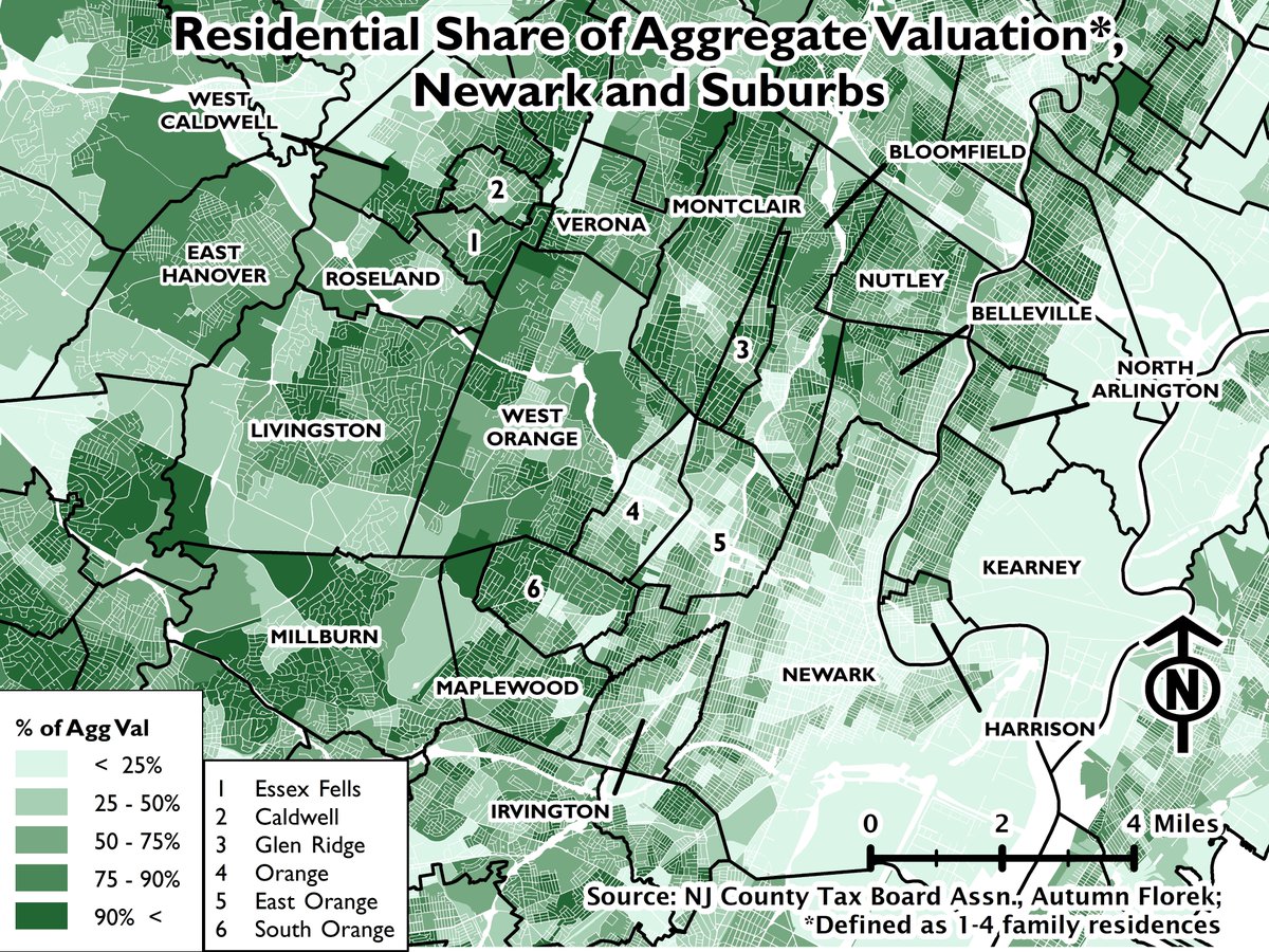 You can easily see Newark on the right. Assessed values are highest in Ironbound (the triangular dark green in the east), Vailsburg (the western panhandle) and in the neighborhoods around Branch Brook Park in the north.