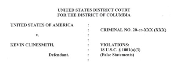 A hint in Clinesmith plea. Durham could have indicted on 18 USC §1519, destruction of federal investigative records, which attracts a 20 year max sentence. Instead the plea is to a §1001 “false statements” charge, only 5 years. Suggests Crossfire’s main FBI lawyer is cooperating