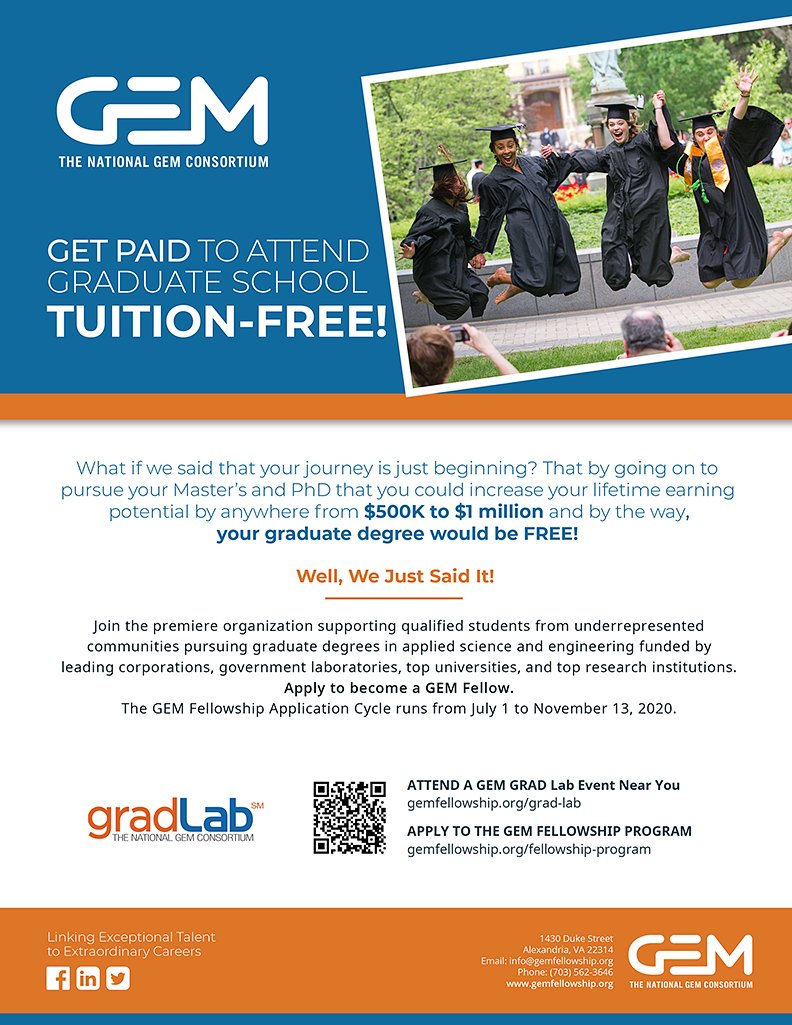 #NSBE46 @NSBEconvention hit the 'Add Reminder' Button next the 4 GEM GRAD Lab sessions today, 12-4pm CT, if ya want to know why Graduate School is Free! Check the GENERAL PROGRAMMING tab!