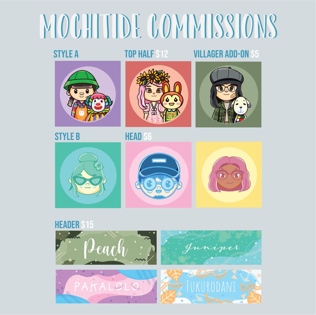 mochitide's tweet photo. 💙 COMMISSIONS OPEN 💙
New commission sheet! 

PROMO: All commissions come with 200 NMTs and a grape-harvest basket! 

DM for a slot.
RTs appreciated!

#acart #AnimalCrossingNewHorizons #accommissions #commissionsopen #commissionsheet #acnh https://t.co/E9Cq6RTmw6