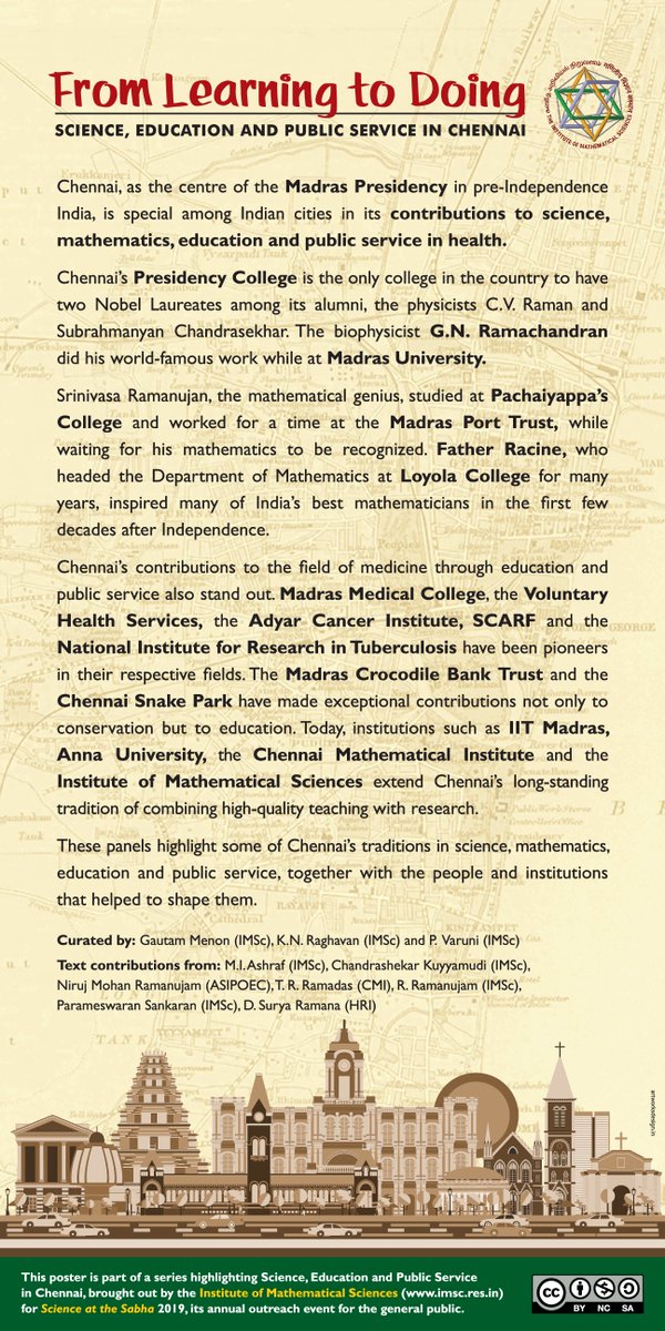 This  #MadrasDay, here's the poster series brought out by  @IMScChennai in 2019 on  #ChennaiScience. The panels highlight some of  #Chennai's traditions in  #Science,  #Mathematics,  #Education and  #PublicService, together with the people and institutions that helped to shape them. 1/15