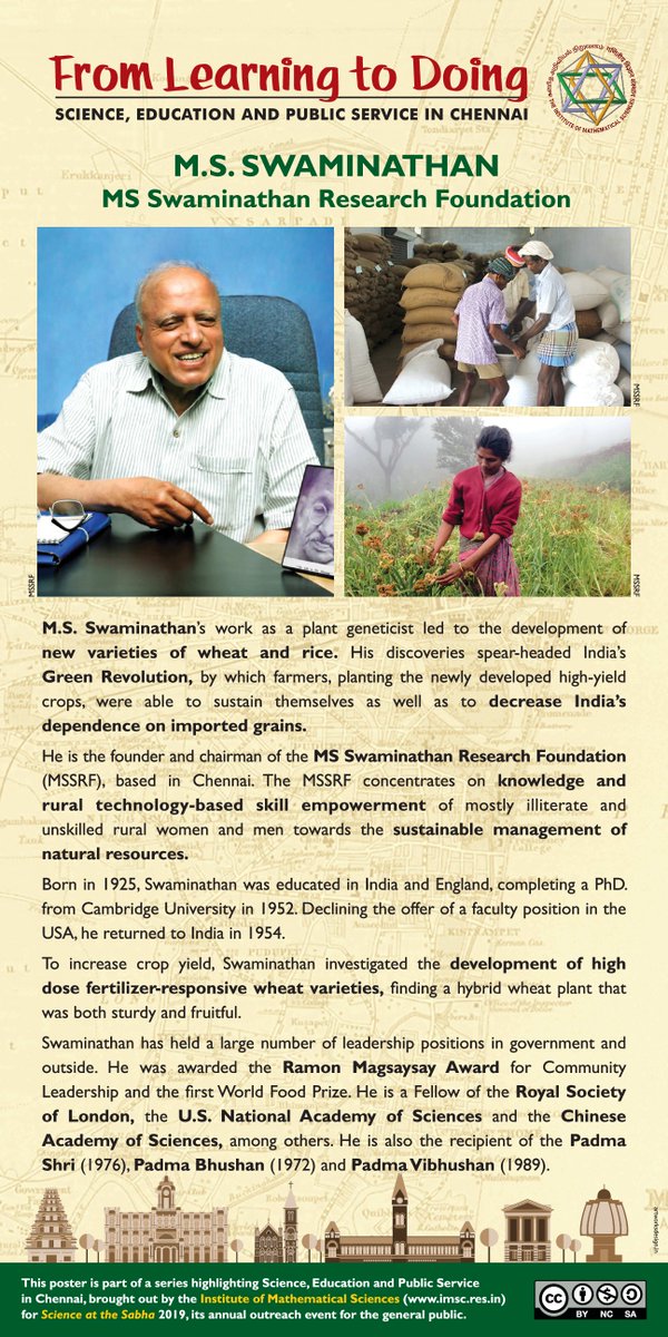  @msswaminathan’s work as a plant geneticist led to the development of new varieties of wheat and rice, fueling India’s  #GreenRevolution. He is the founder and chairman of  @mssrf in  #Chennai. 2/15