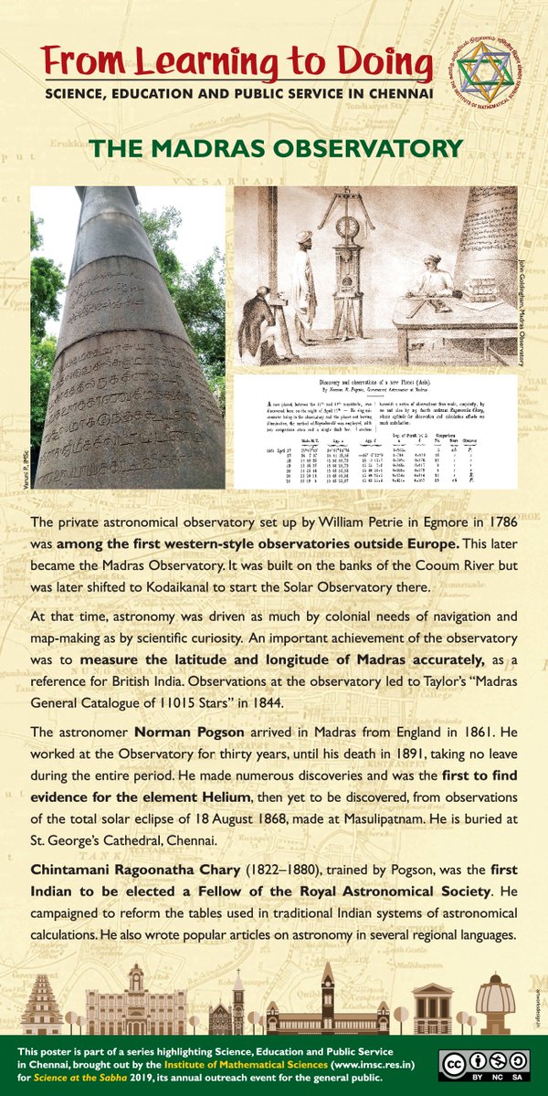 The  #observatory set up in  #Madras by William Petrie in 1786 was among the first western-style observatories outside Europe. Norman  #Pogson, working here, made the first observation of  #Helium. It also served as a reference point for the  #GreatTrigonometricSurvey of  #India. 6/15