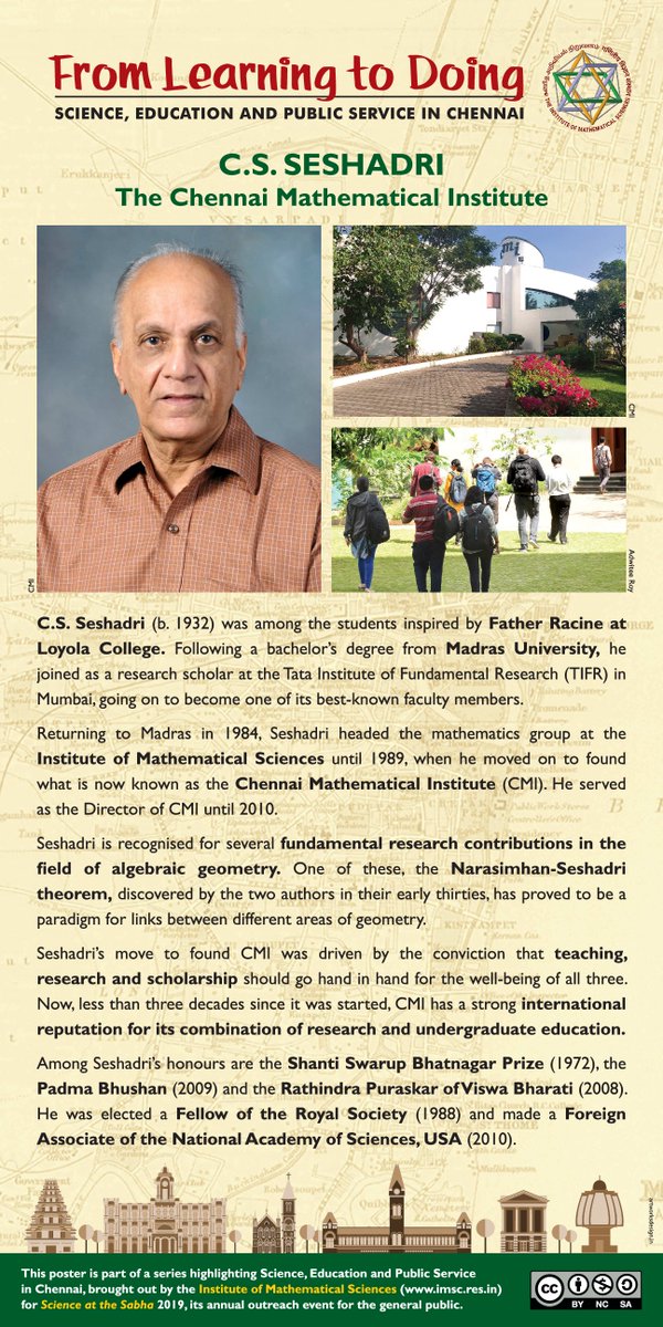 C.S. Seshadri, who passed away recently, was among the first students to be inspired by  #FatherRacine at  #LoyolaCollege. Famous for several fundamental research contributions to the field of  #AlgebraicGeometry, he founded the  #ChennaiMathematicalInstitute (CMI). 4/15