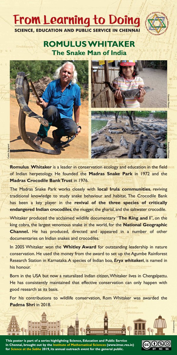 Romulus Whitaker is a leader in  #ConservationEcology and education in the field of Indian  #herpetology. He founded the Madras  #Snake Park in 1972 and the Madras  #Crocodile Bank Trust in 1976. 5/15
