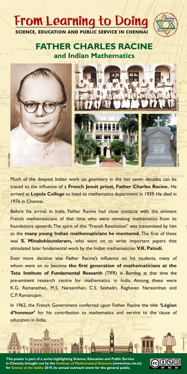 Much of the deepest Indian work on  #Geometry in the last seven decades can be traced to the influence of a French Jesuit priest,  #FatherRacine, who headed the department of mathematics at  #LoyolaCollege,  #Chennai, for three decades and inspired a generation of students. 11/15