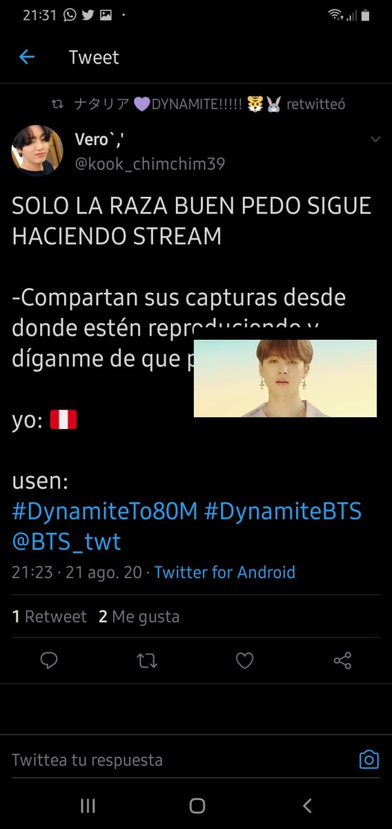 BTSxever_14's tweet photo. @kook_chimchim39 @NAMR75489231 @BTS_twt Desde Argentina 
#DynamiteTo80M #BTS_Dynamite @BTS_twt https://t.co/zIhzSxVZpp