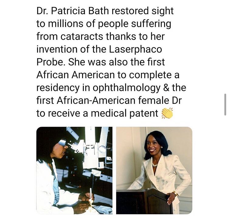 STEMedfund's tweet photo. Know her name ⬇️🤩👏🏾 #womenmakinghistory #womeninstem

#DrPatriciaBath restored sight to millions of people suffering from cataracts thanks to her invention of the Laserphaco Probe. She was also the first African-American female Dr. to receive a medical patent 💪🏾✨👩🏾‍💼 https://t.co/0g0qZdcdIR