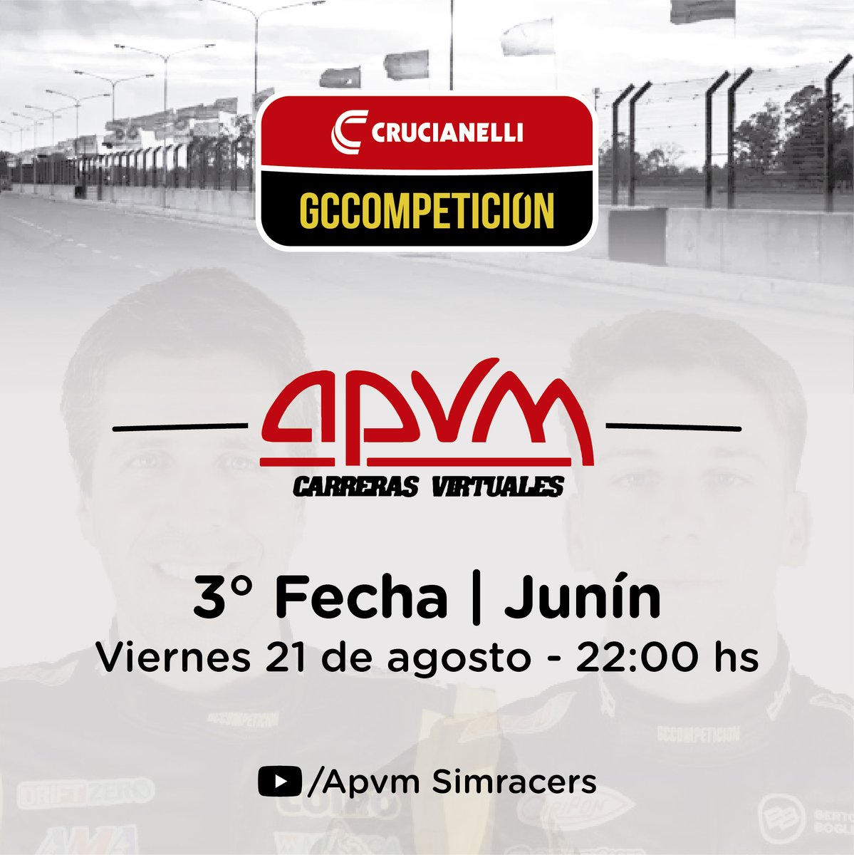 GCcompeticion's tweet photo. Desde las 22 hs se viene la 3° fecha del campeonato virtual de #APVM Simracers en el autódromo "Eusebio Marcilla" de la localidad de Junín. Los invitamos a seguir la transmisión por YouTube y acompañar a nuestros pilotos!
#CrucianelliGC https://t.co/N3WW08kccx