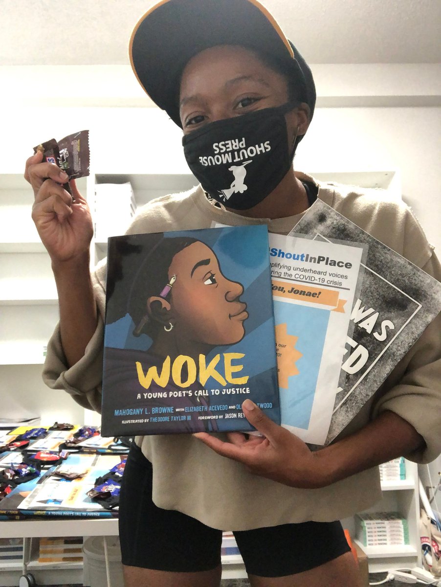 shoutmousepress's tweet photo. #ShoutInPlace authors who attended yesterday's celebration will receive a gift bag (packed w joy by Programs Manager Alexa, pictured) that includes a certificate featuring their work, candy, #AManWasLynchedYesterday poster made by Sasa, and SMP face mask! https://t.co/XxDp5ZlMwZ https://t.co/URnyyDlonB