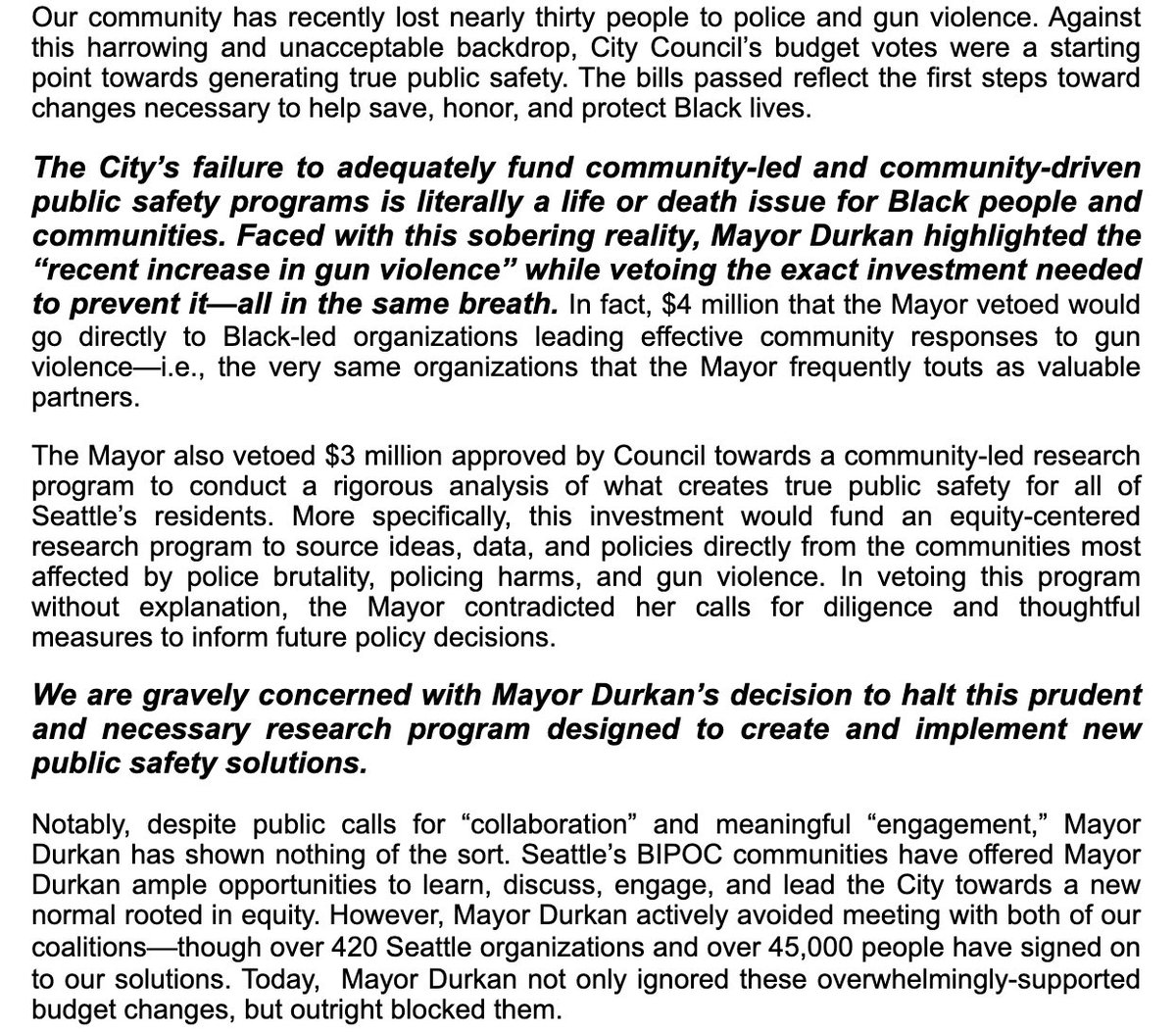 KCEquityNow's tweet photo. (READ) King County Equity Now &amp; Decriminalize Seattle’s statement re: @MayorJenny’s veto of Black lives and critical, initial investments towards true public safety. https://t.co/Nn88iELOqe