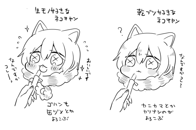 こんな感じ。
多分、ちゅーるが好きでも普段のごはんはカリカリが好きだとか、どれも満遍なく食べるって子も居ると思います。
彼らも人間と同じで千差万別。面白いですよね? 