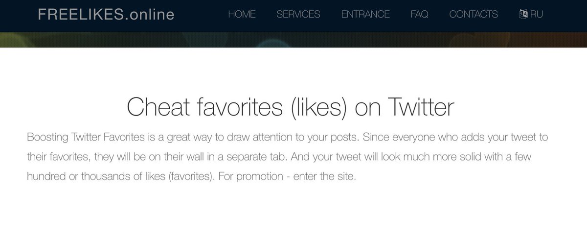 One of the bot accounts promotes a Russian-language website that offers a service called "cheat Twitter.""Boosting Twitter Favorites is a great way to draw attention to your posts," the site says. "Your tweet will look much more solid with a few hundred or thousands of likes."