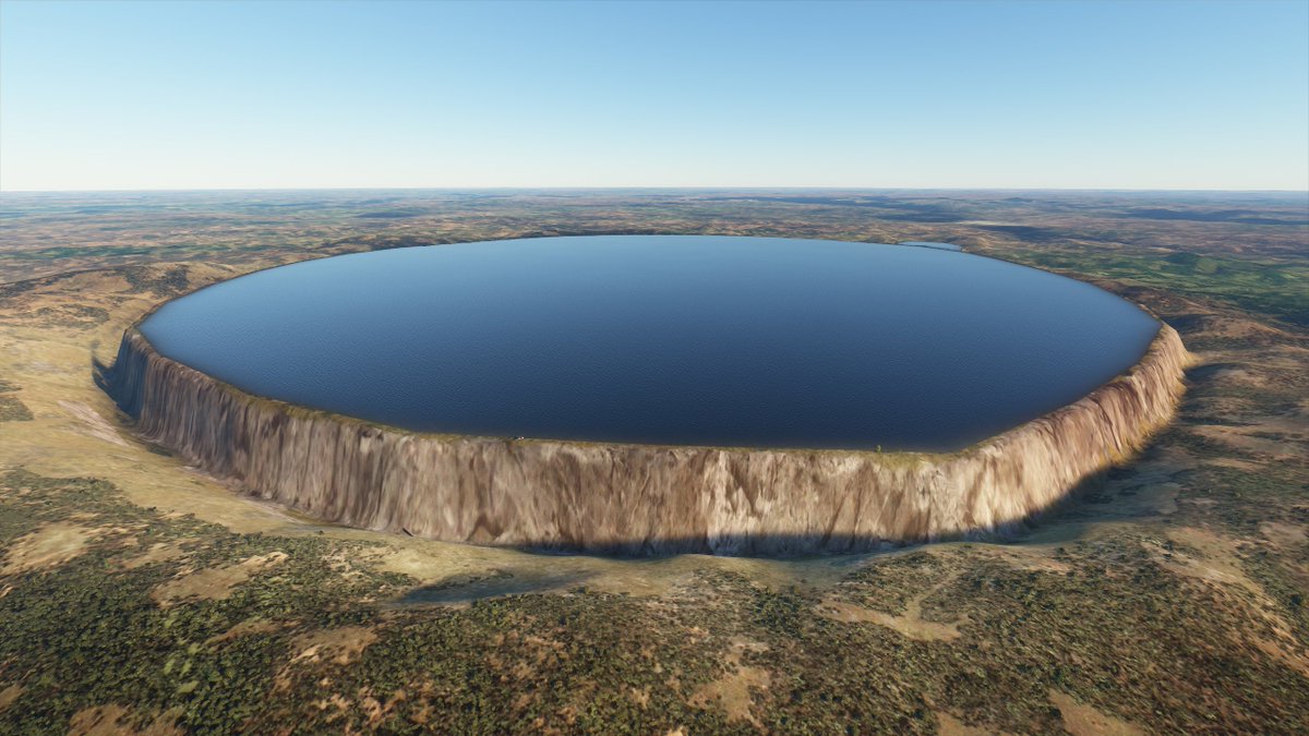 What appears to be a persistent water level bug in the Microsoft Flight Simulator AI has inverted the Pingualuit impact crater into a weird mesa.image by reddit user NovaSilisko https://www.reddit.com/r/MicrosoftFlightSim/comments/ie6zwb/the_pingualuit_water_mesa/