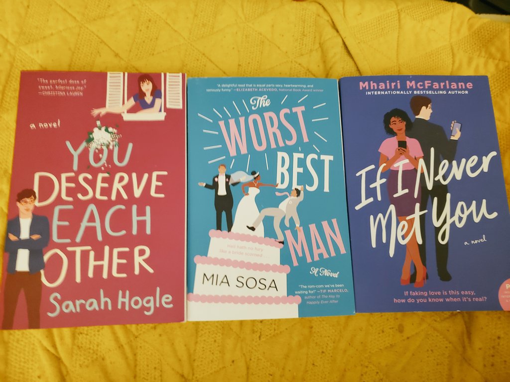 spies_r_us's tweet photo. Hey, #readers,
I got a few books in the mail today. Which should I read first? 

1. You Deserve Each Other by @witchofthewords
2. The Worst Best Man by @miasosaromance 
3. If I Never Met You by @MhairiMcF 

#quitlife #readmore #amreading #newbooks https://t.co/GEi2xq2yfM