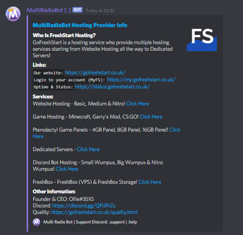 ThatMultiBot's tweet image. Hello All! Just a quick update for you all, we've release some information on our hosting provided!! If you'd like to get the information please do .Hosting and it will show you a lot of information about them! @FreshStartHost as cheap and reliable for your hosting! 

Thanks!