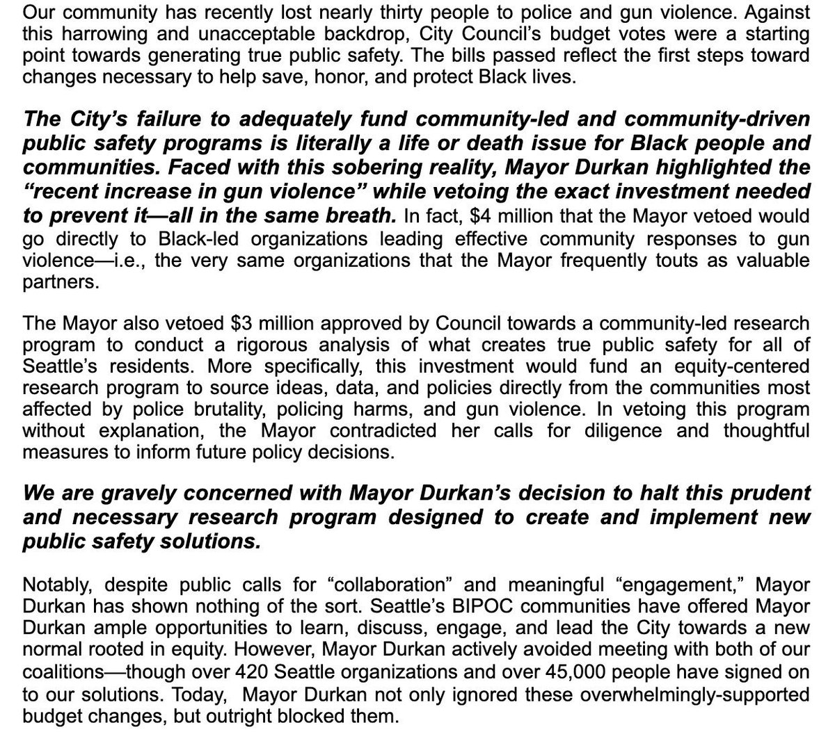 DecrimSeattle's tweet photo. 📢We will not be deterred📢

The Mayor’s veto shows what we already knew: that she performs care for Black community while undermining community-led efforts to produce real safety that is not reliant on racist policing. Read on for our shared statement with @KCEquityNow. https://t.co/qT63qITqAZ