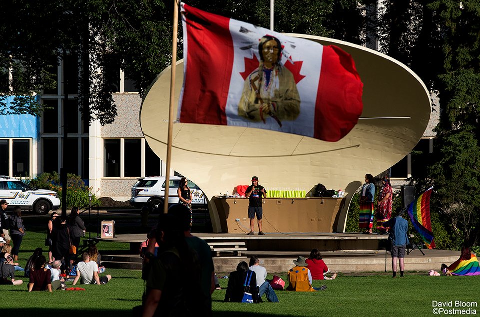 Approximately 80 people took part in a social distanced Indigenous Lives Matter protest at the Alberta Legislature, in Edmonton Friday evening. Participants were spread out across the lower grounds of the legislature. #yeg #ableg
