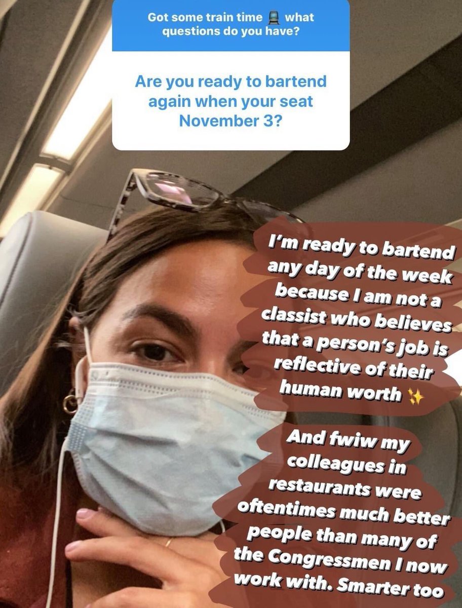 Yes yes yes to this  @AOC Instastory.Being a server in a pandemic has been a really illuminating experience. Having representation in Congress that remembers this life, that treats and speaks of us with respect, is so important to me, personally.
