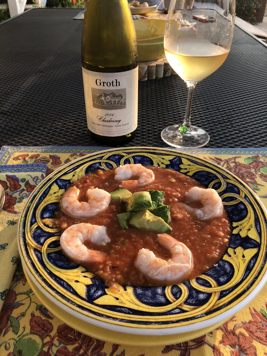 Kerryloves2trvl's tweet photo. Gazpacho con Camarones .
What a tasty meal on a hot, smoky night. Growth a bit older from friend’s cellar.
#fridaynightdining https://t.co/mkiv7BzgP3