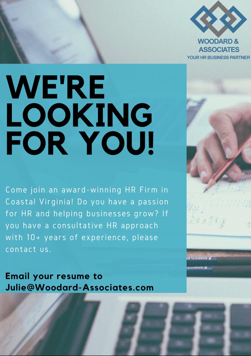 We’re hiring! Woodard &amp; Associates, LLC is hiring a part-time HR Generalist to join my HR firm. 10 years experience minimum. SPHR or SHRM certified a must. Flexible hours. Email resumes to julie@woodard-Associates.com. #humanresources #hiring