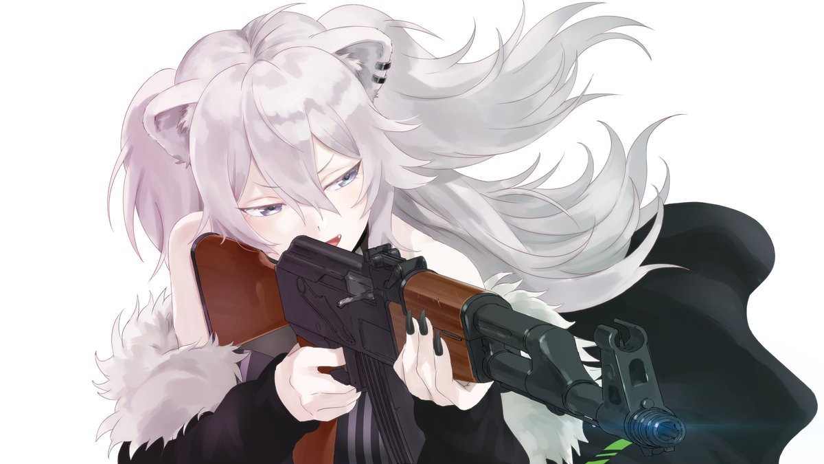 shishiro botan 1girl animal ears weapon gun solo lion ears grey hair  illustration images