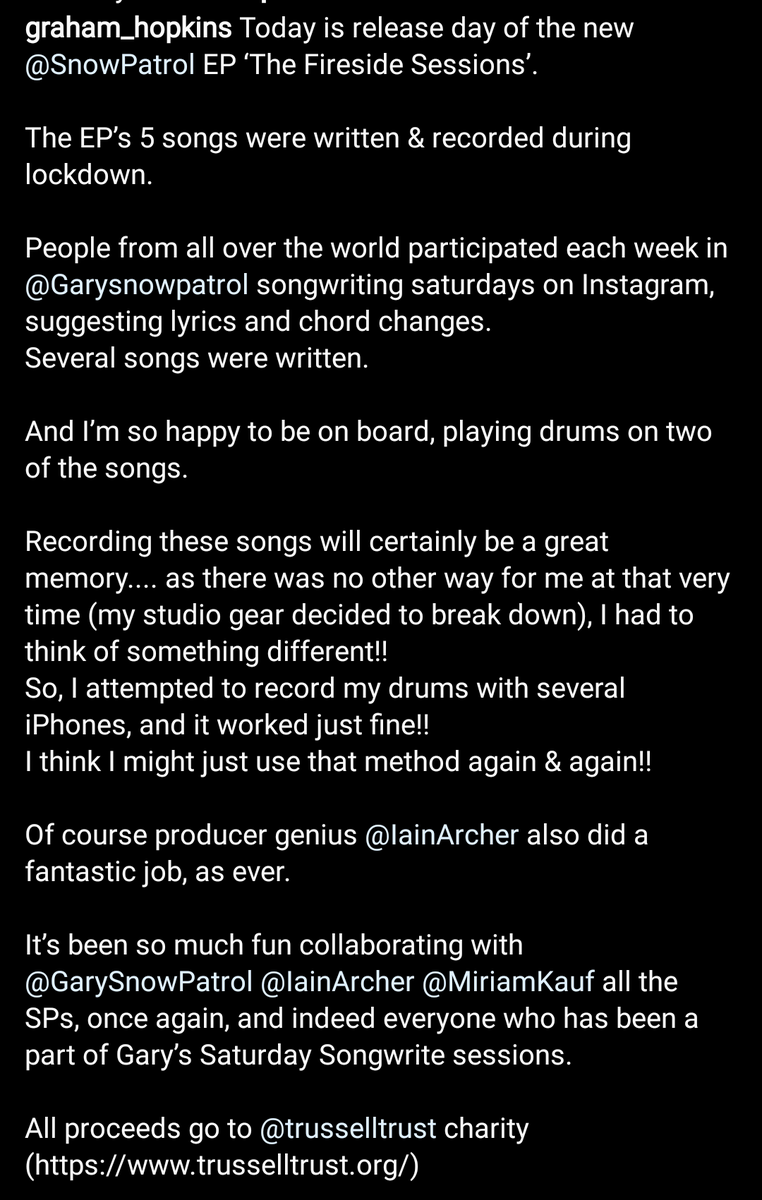 TeamWine's tweet photo. A wonderful message from "The Fireside Sessions" drummer, Graham Hopkins.

#snowpatrol #grahamhopkins #garylightbody #saturdaysongwriters #thefiresidesessions https://t.co/bk24shw7Ne