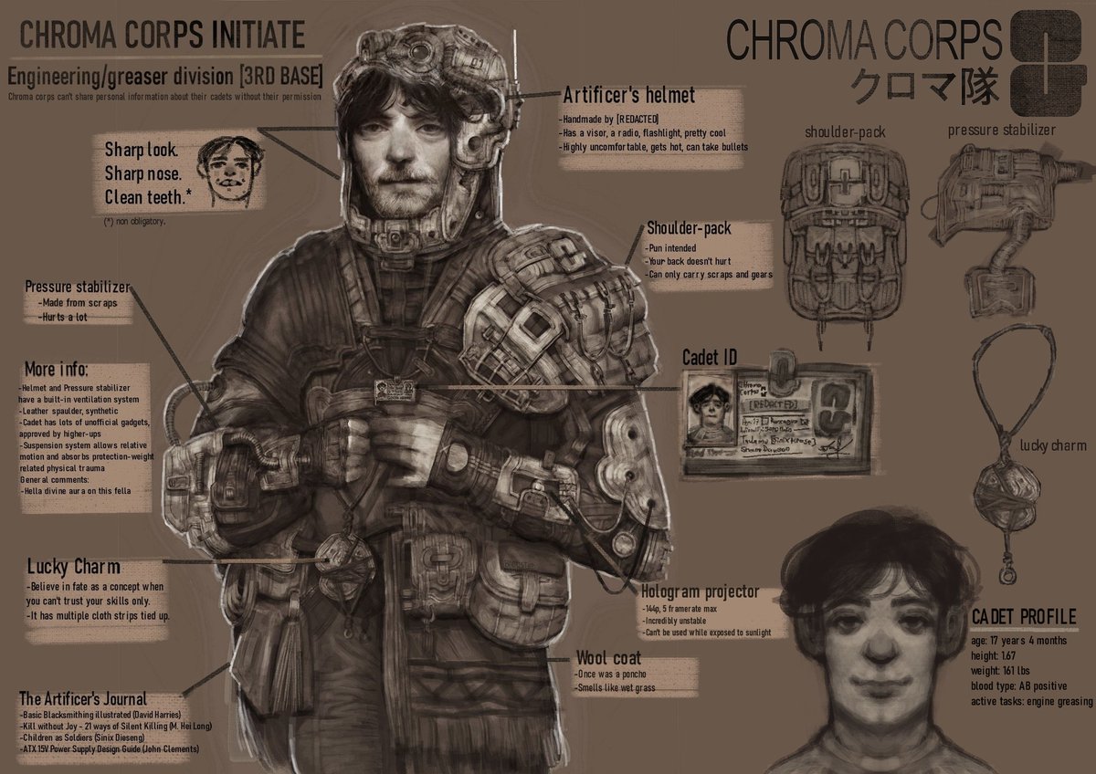 ?Chroma Corps cadet?, for the "Chroma Corps contest" 
Obviously lost but it was pretty fun to make, learnt some bits about character design, and also my own faults---
Hope you enjoy some of the worldbuilding left there, godspeed HOHOHOHOH AAAGH 