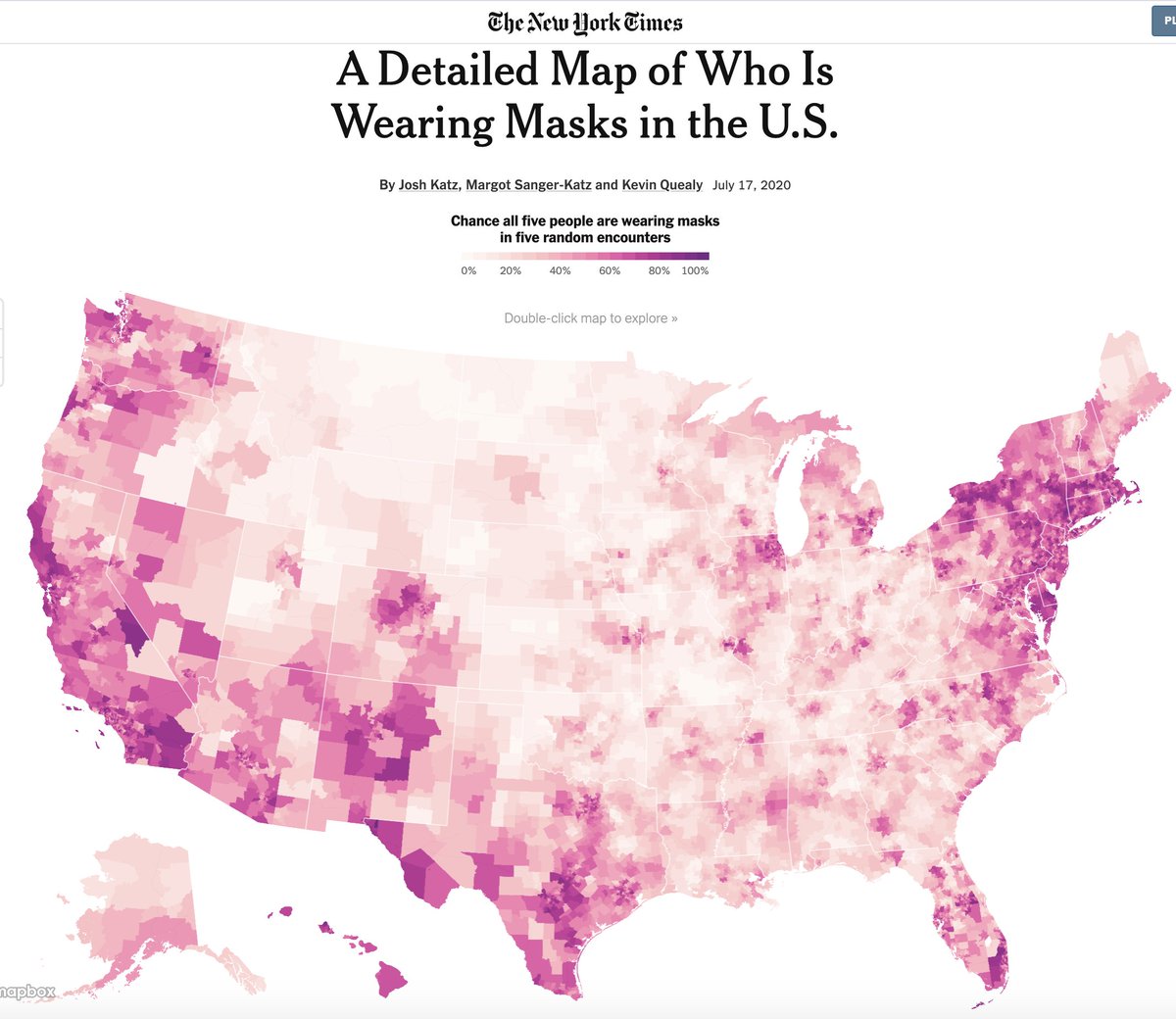 15/ Category 2: fraction of people that wear masks. The New York Times surveyed the U.S. in July  https://tinyurl.com/yxfu375k  & found huge regional variation. The numbers vary by county; the % represents my estimate (by region) of the chance that, in a group of 5, all will be masked.