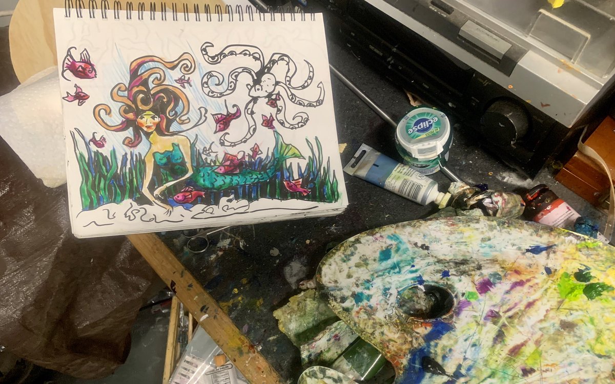 ArtMcquinn's tweet photo. Linda is working on her New Oil Painting, a 16”x20”, Gallery Wrap Canvas for future Shows.      Website:  https://t.co/748RNymYH5   #arts #art #turtle#hendersonvillenc  #folkart #contemporaryfolkart #mermaid #oilpainting #artgallery #fish #islandconclavegallery #howardalanevents https://t.co/E8sX9GuGFc
