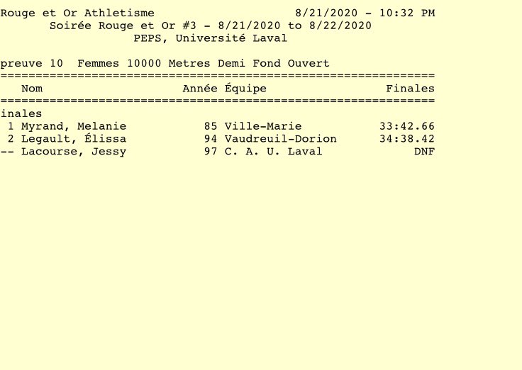 Soirée Rouge et Or #3. Excellent 10 000m de Melanie Myrand en 33:42.66 (PB). Record personnel de 30 secondes et elle occupe maintenant le 5e rang au classement québécois de tous les temps sur 10 000m. Bravo <a href="/melmyrand/">Melanie Myrand</a> et <a href="/jtlinmtl/">John Lofranco</a>.