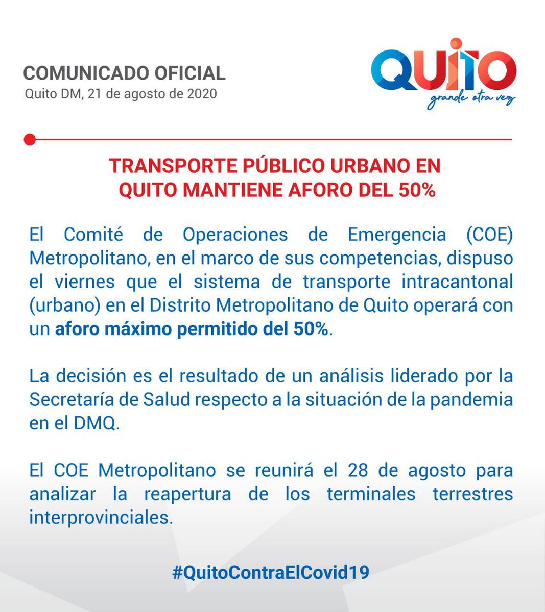 COMUNICADO| Informamos a la ciudadanía que el COE Metropolitano ha dispuesto que el sistema de transporte intracantonal (urbano) en el Distrito Metropolitano de Quito opere con un aforo máximo permitido del 50%. #QuitoContraElCovid19