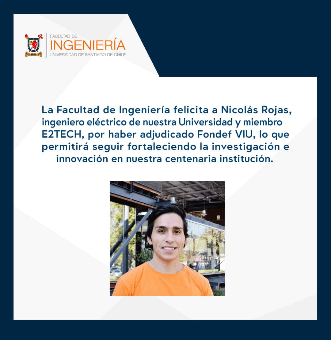 UsachIngenieria's tweet photo. Felicitamos al ingeniero eléctrico Nicolás Rojas por haber adjudicado Fondef Viu👏 👏🦁. Apoyado por el programa #Vector y @centrousach
Este logro permite potenciar la I+D+i en áreas estratégicas, como la #energia @Vridei_usach @Matias3D @ussch @radiousach @EElectricas https://t.co/rnhvjYLiU9