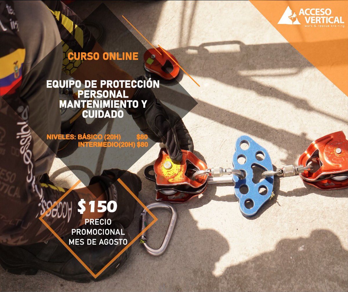 📢Curso Online EQUIPOS DE PROTECCIÓN PERSONAL
⏰Duración: 40 HORAS⏰
-Nivel Básico 20 Horas
-Nivel Intermedio 20 Horas
💻Modalidad: ONLINE
💰Inversión:
-Precio PROMOCIONAL: $120 (hasta el día lunes 31 de agosto) CERTIFICACIONES-🏅SETEC
Información:gerencia@accesovertical.com.ec