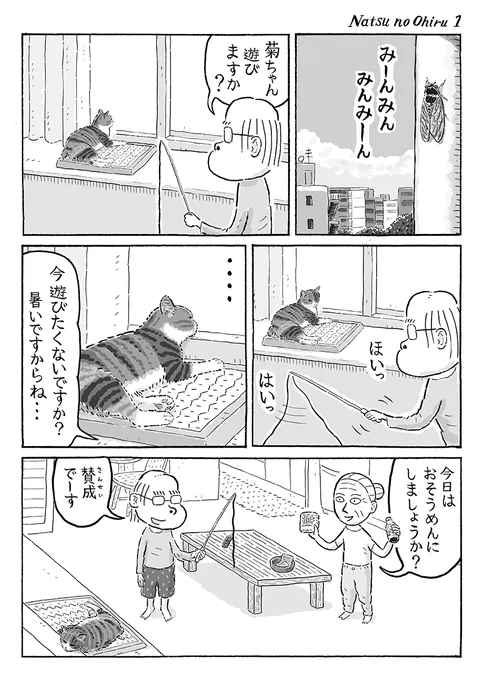 2ページ猫漫画「夏のお昼」 #猫の菊ちゃん 