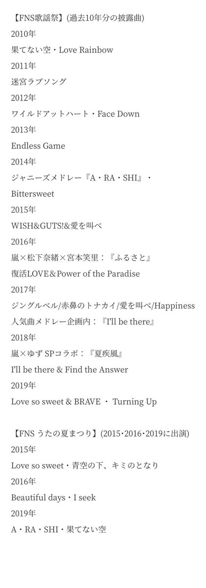 ジャニーズ Vs嵐 情報局 Twitterissa Fns歌謡祭 夏 過去10年分のfns歌謡祭 披露曲 過去3年分のfnsうたの夏まつり 披露曲 披露曲 個人的予想 3パターン