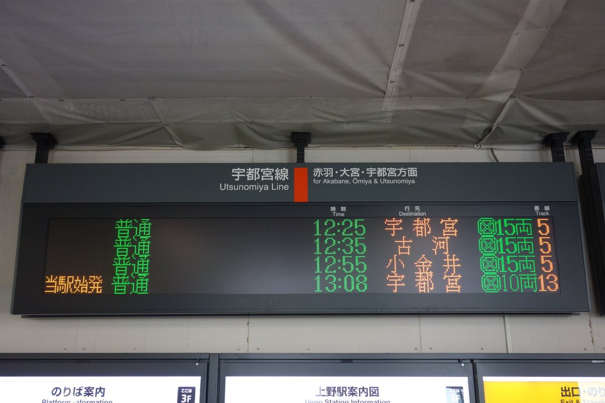 上野駅の宇都宮線・高崎線・常磐線発車標で、10両編成の両数表示が手